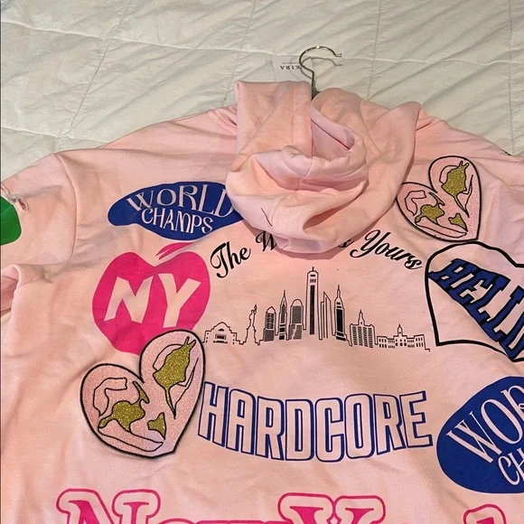 AKIRA Light Pink Hoodie with NYC logos patches, all over so cute - Picture 10 of 10